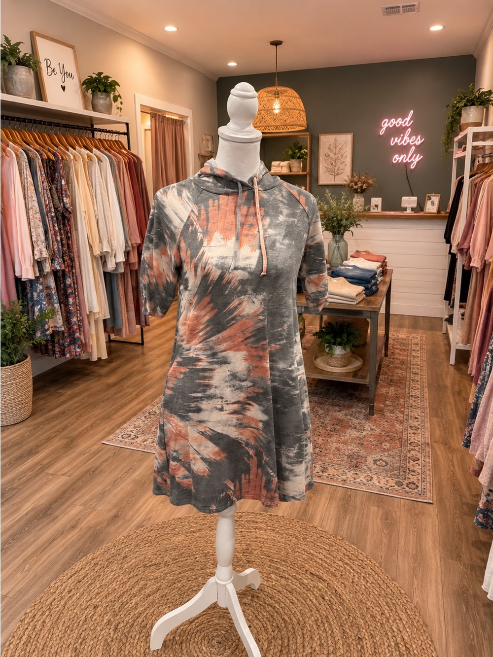 Sunday Morning Tie Dye Hooded Sweatshirt Dress Pockets Cozy Boutique S M L